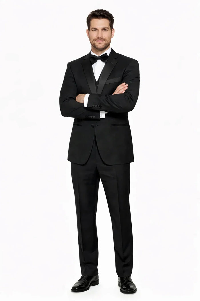 Mens 2 Button Modern Fit Vested Wool Tuxedo in Black