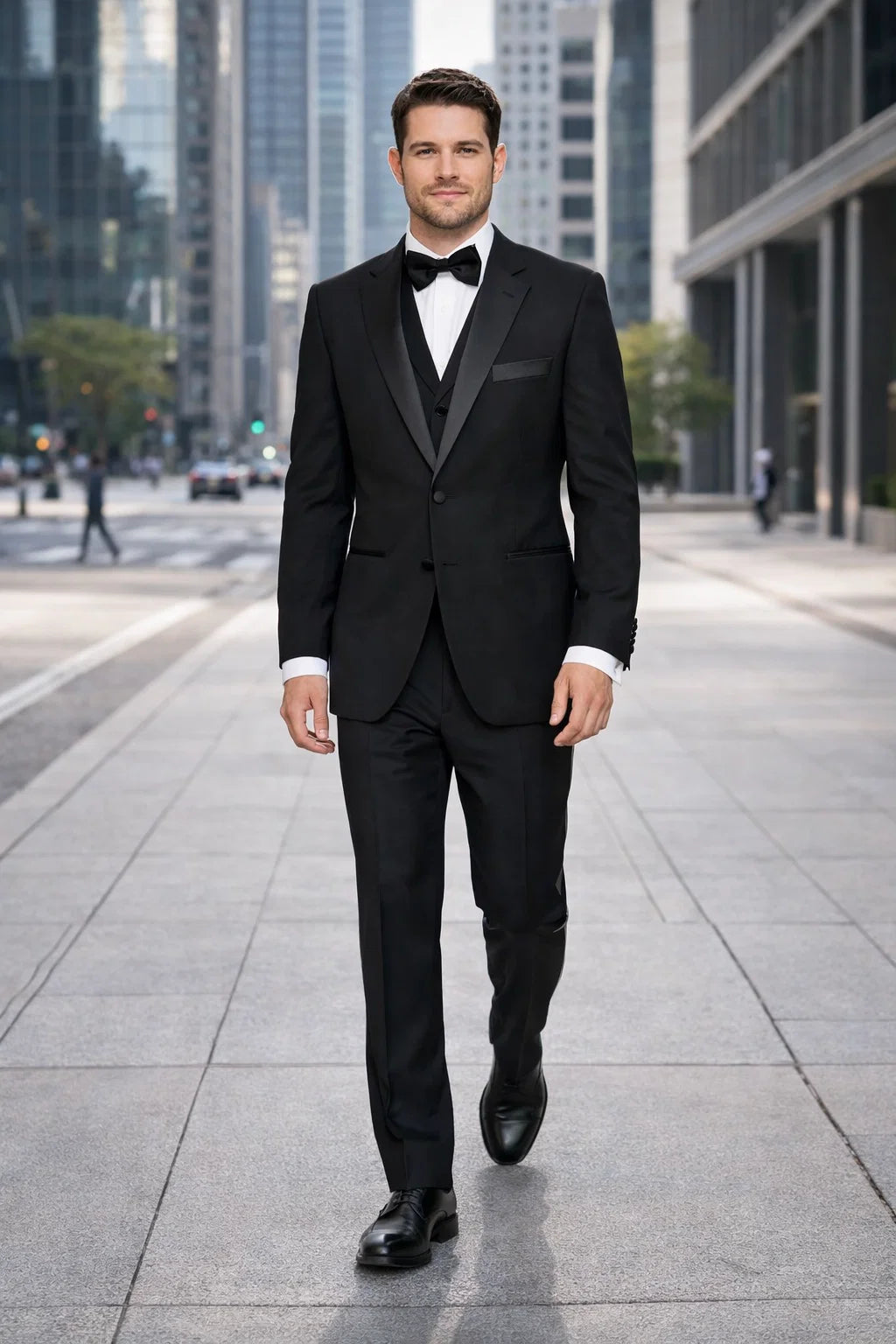 Mens 2 Button Modern Fit Vested Wool Tuxedo in Black