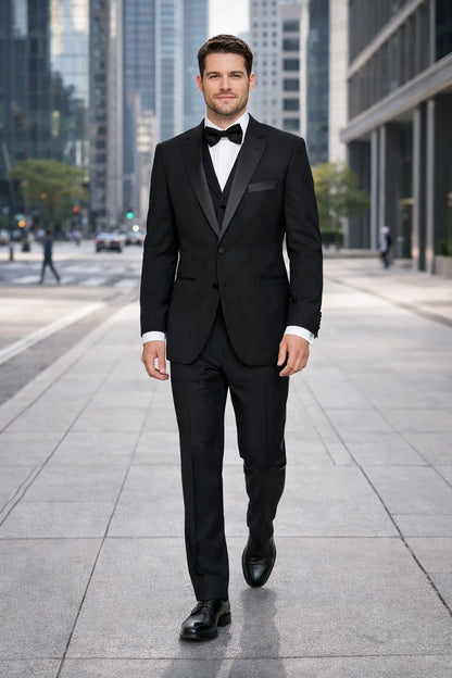Mens 2 Button Modern Fit Vested Wool Tuxedo in Black
