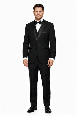 Mens 2 Button Modern Fit Vested Wool Tuxedo in Black