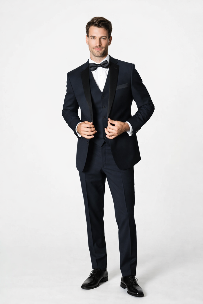 Mens 2 Button Modern Fit Vested Wool Tuxedo in Navy Blue - Mens Slim Fitted Tuxedo