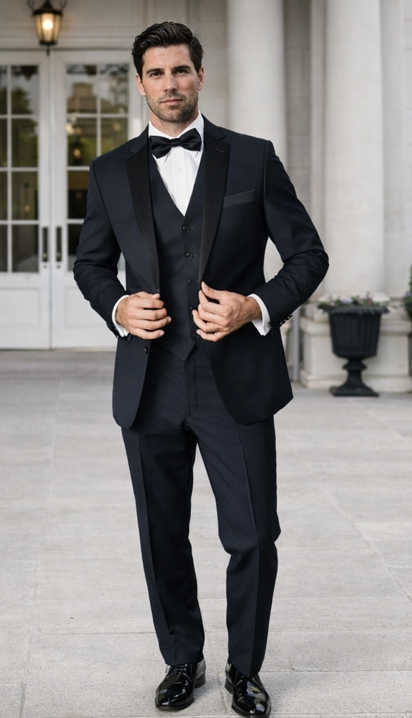 Mens 2 Button Modern Fit Vested Wool Tuxedo in Navy Blue - Mens Slim Fitted Tuxedo