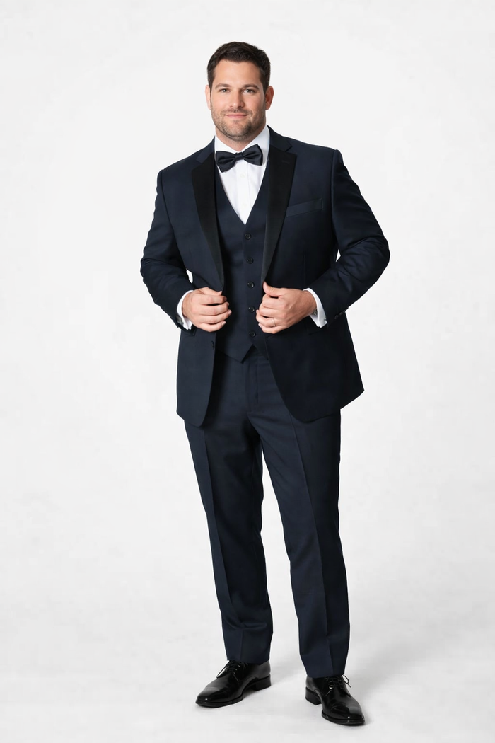 Mens 2 Button Modern Fit Vested Wool Tuxedo in Navy Blue - Mens Slim Fitted Tuxedo