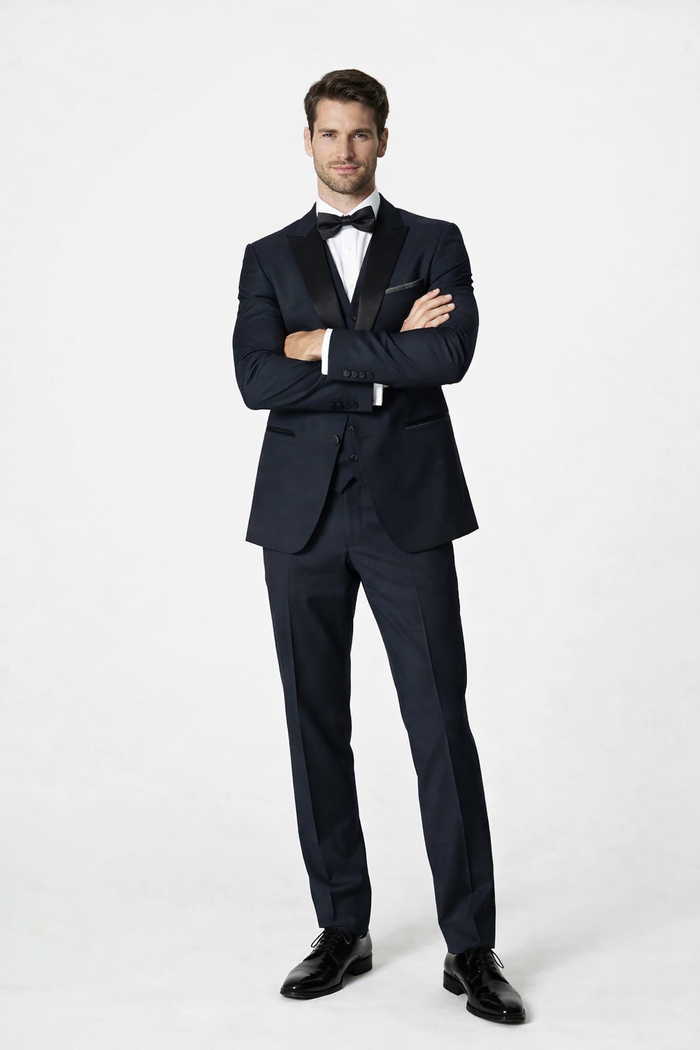 Mens 2 Button Modern Fit Vested Wool Tuxedo in Navy Blue - Mens Slim Fitted Tuxedo