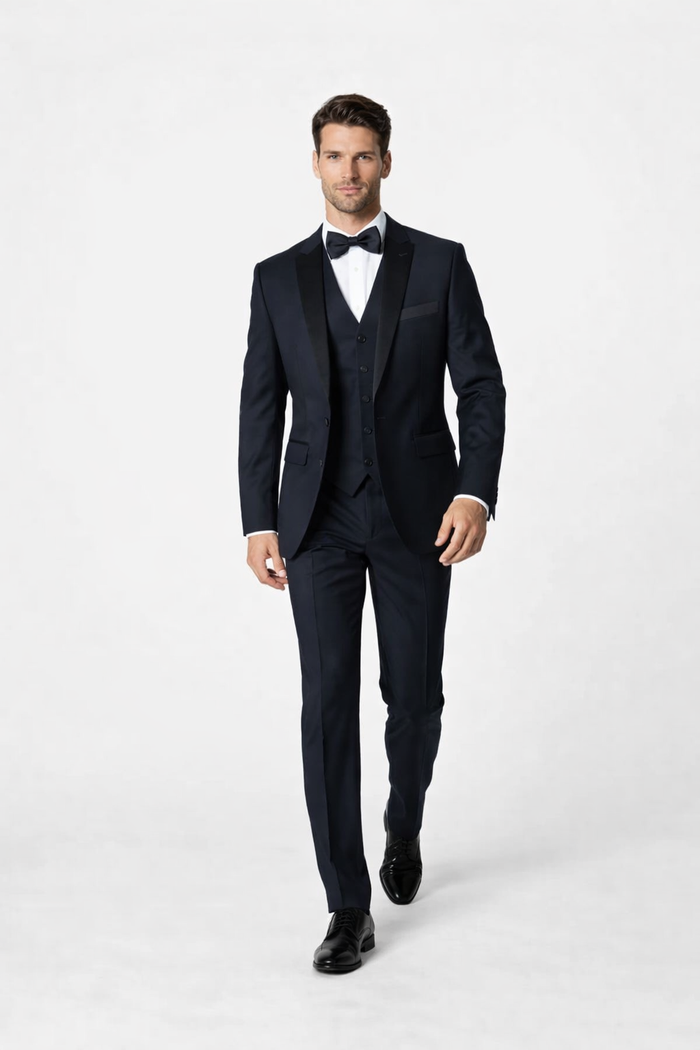 Mens 2 Button Modern Fit Vested Wool Tuxedo in Navy Blue - Mens Slim Fitted Tuxedo