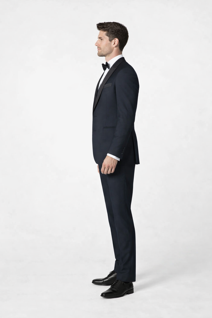 Mens 2 Button Modern Fit Vested Wool Tuxedo in Navy Blue - Mens Slim Fitted Tuxedo