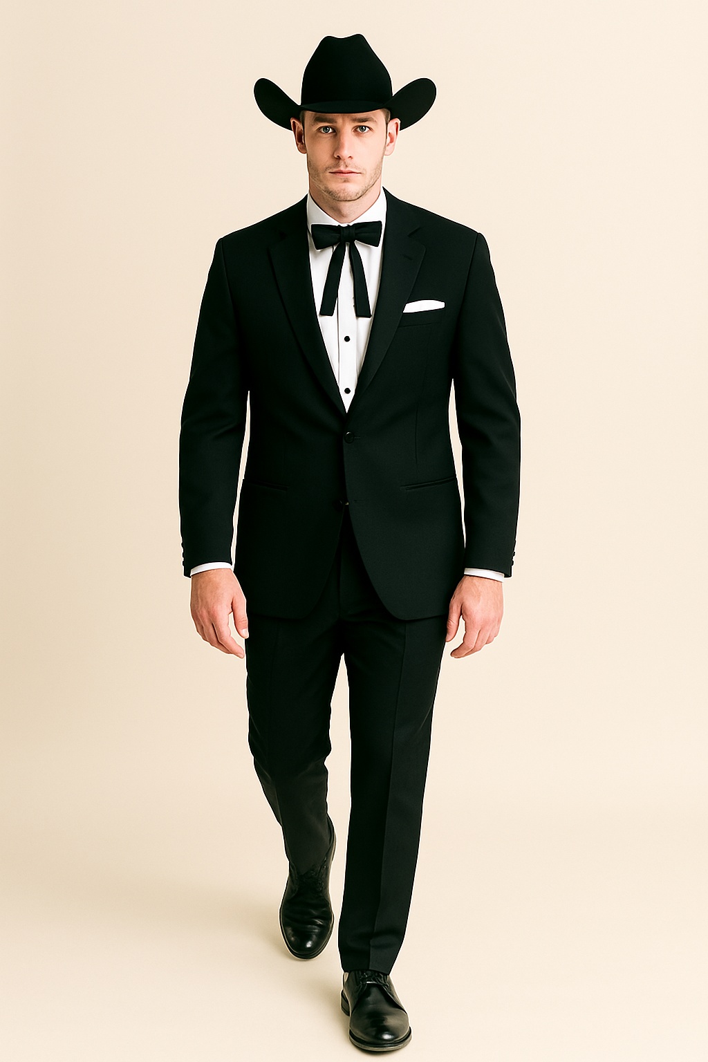 Mens 2 Button Notch Lapel Cowboy Tuxedo in Black