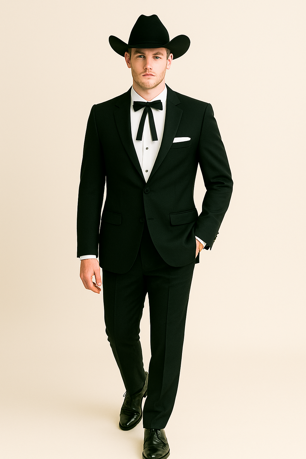 Mens 2 Button Notch Lapel Cowboy Tuxedo in Black