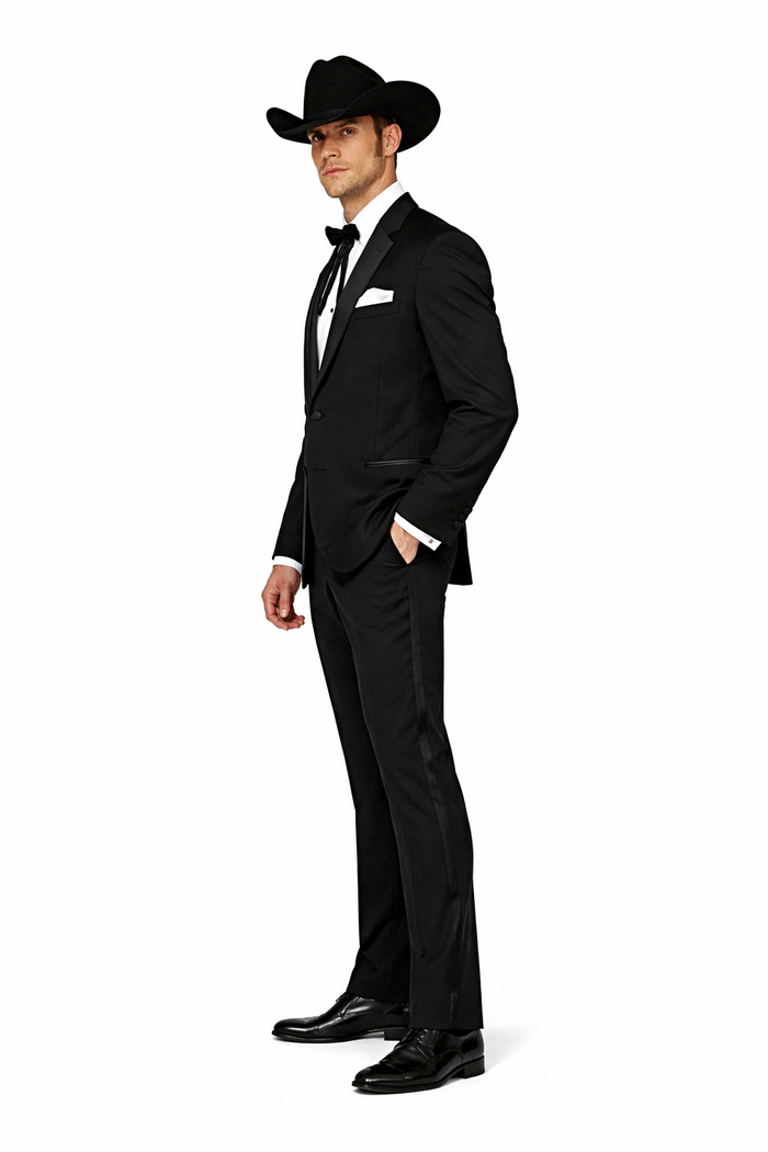 Mens 2 Button Notch Lapel Cowboy Tuxedo in Black