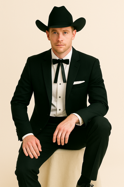Mens 2 Button Notch Lapel Cowboy Tuxedo in Black