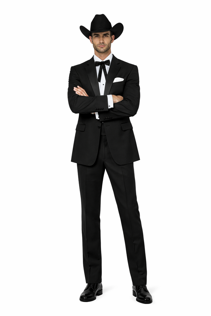 Mens 2 Button Notch Lapel Cowboy Tuxedo in Black