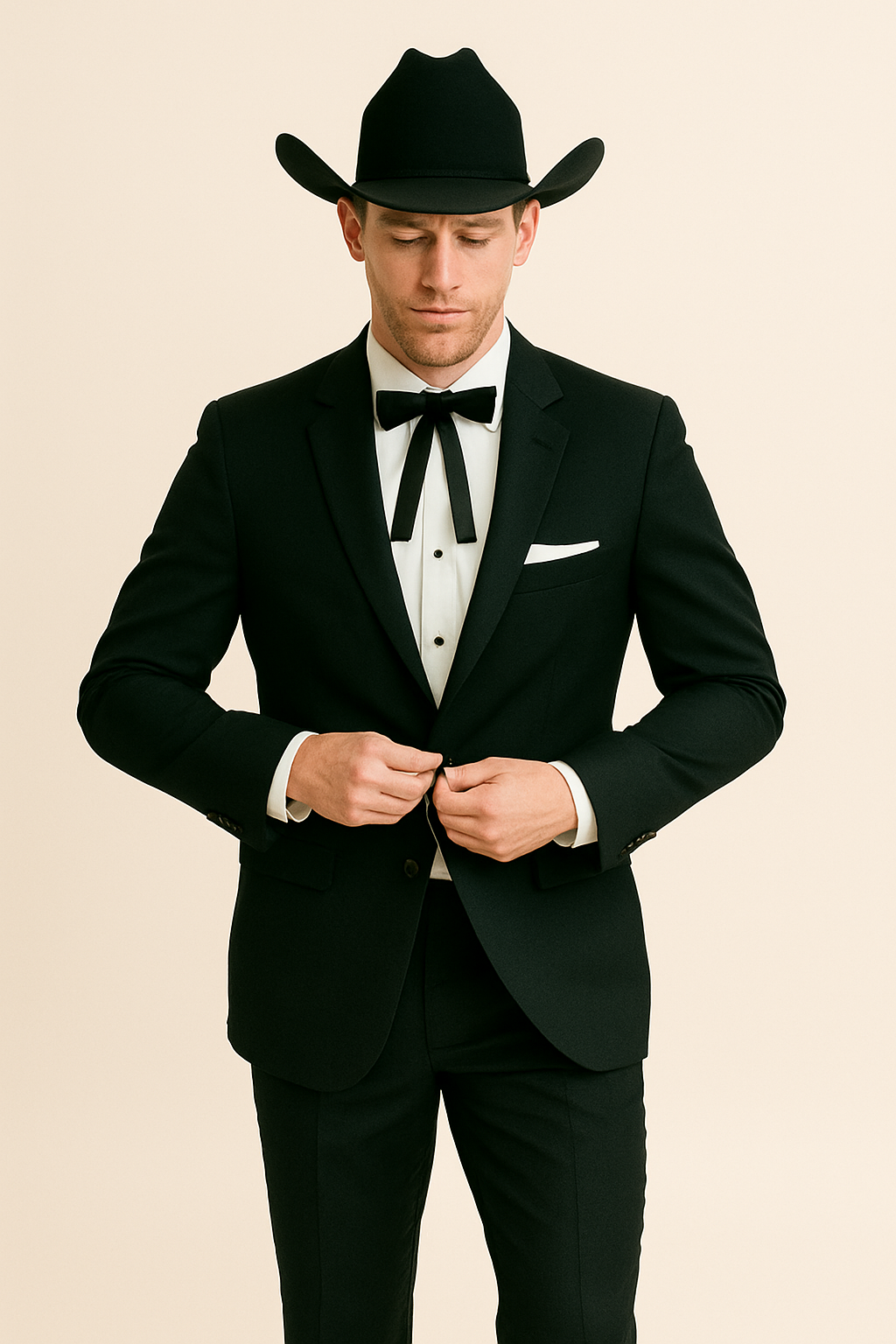 Mens 2 Button Notch Lapel Cowboy Tuxedo in Black