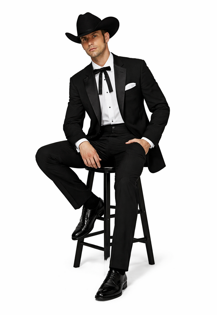 Mens 2 Button Notch Lapel Cowboy Tuxedo in Black