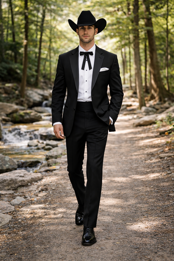 Mens 2 Button Notch Lapel Cowboy Tuxedo in Black