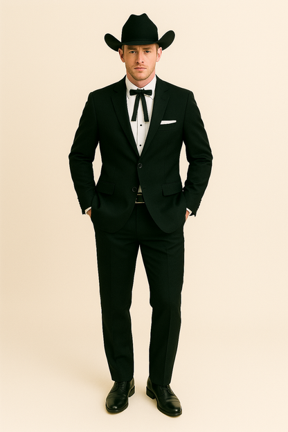Mens 2 Button Notch Lapel Cowboy Tuxedo in Black
