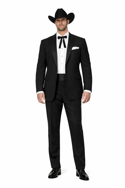 Mens 2 Button Notch Lapel Cowboy Tuxedo in Black