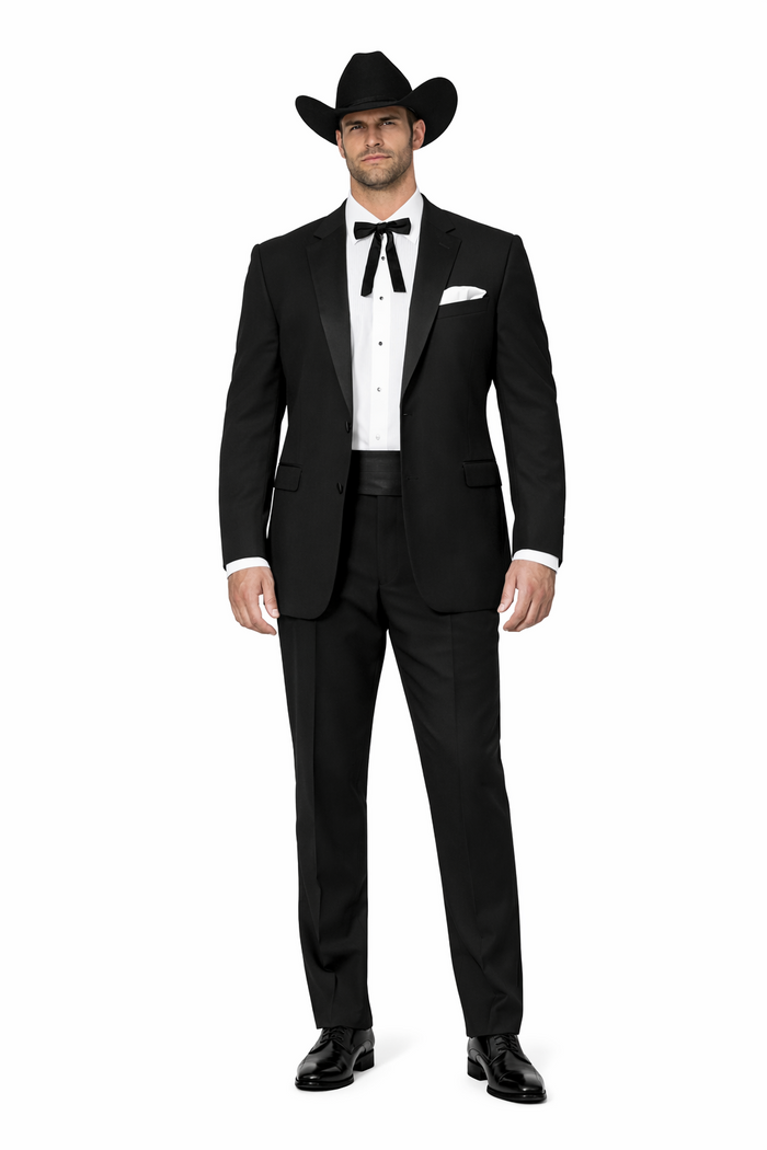 Mens 2 Button Notch Lapel Cowboy Tuxedo in Black