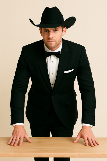 Mens 2 Button Notch Lapel Cowboy Tuxedo in Black