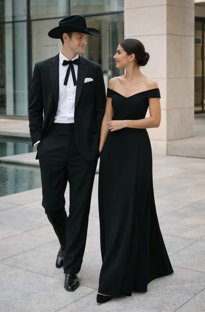 Mens 2 Button Notch Lapel Cowboy Tuxedo in Black