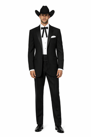 Mens 2 Button Notch Lapel Cowboy Tuxedo in Black