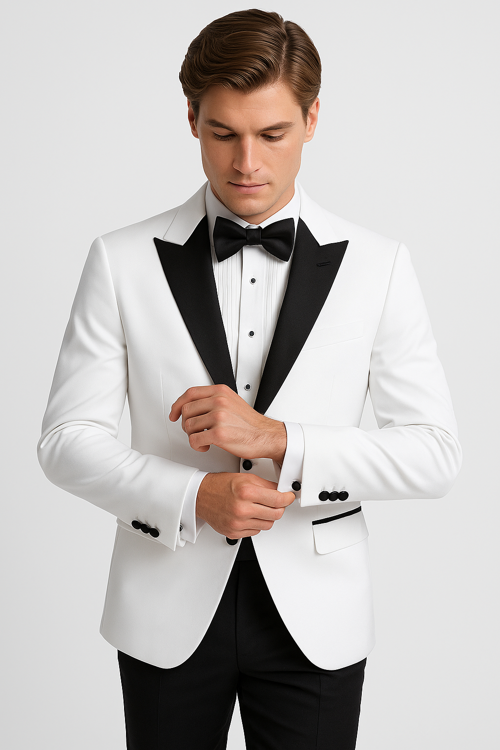 Mens 2 Button Shawl/Peak Hybrid Sharkskin Tuxedo in White