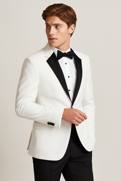 Mens 2 Button Shawl/Peak Hybrid Sharkskin Tuxedo in White
