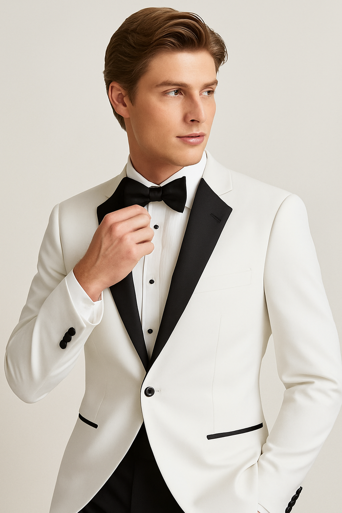 Mens 2 Button Shawl/Peak Hybrid Sharkskin Tuxedo in White