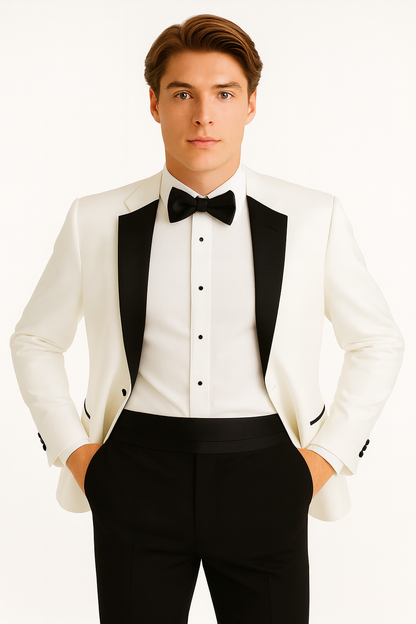 Mens 2 Button Shawl/Peak Hybrid Sharkskin Tuxedo in White