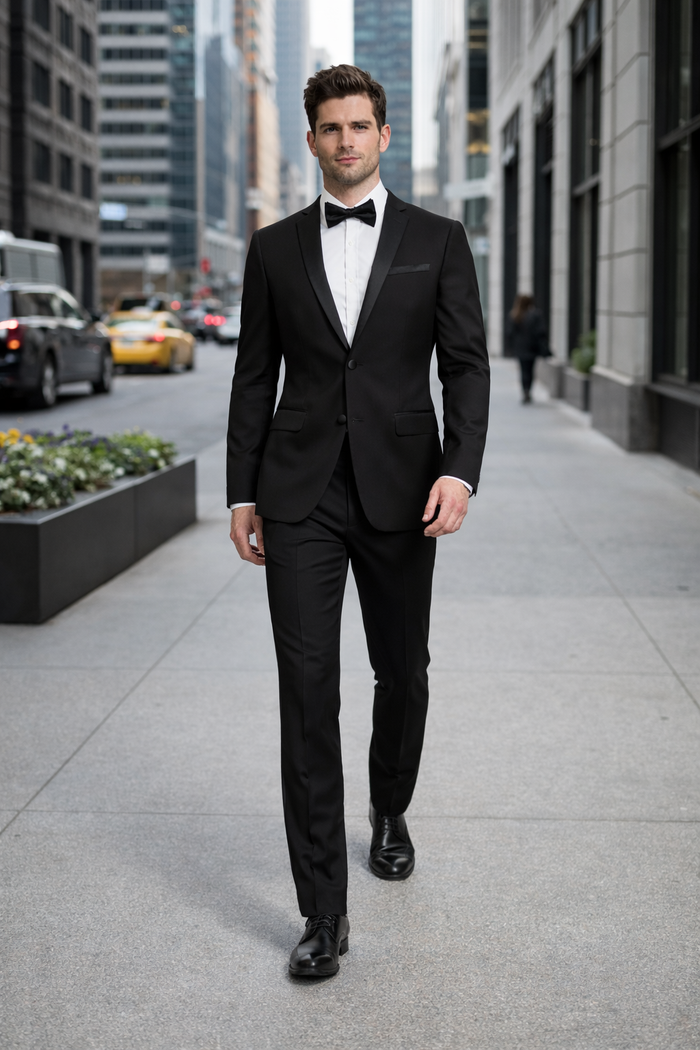 Mens 2 Button Slim Fit Notch Tuxedo in Black - Mens Slim Fitted Tuxedo