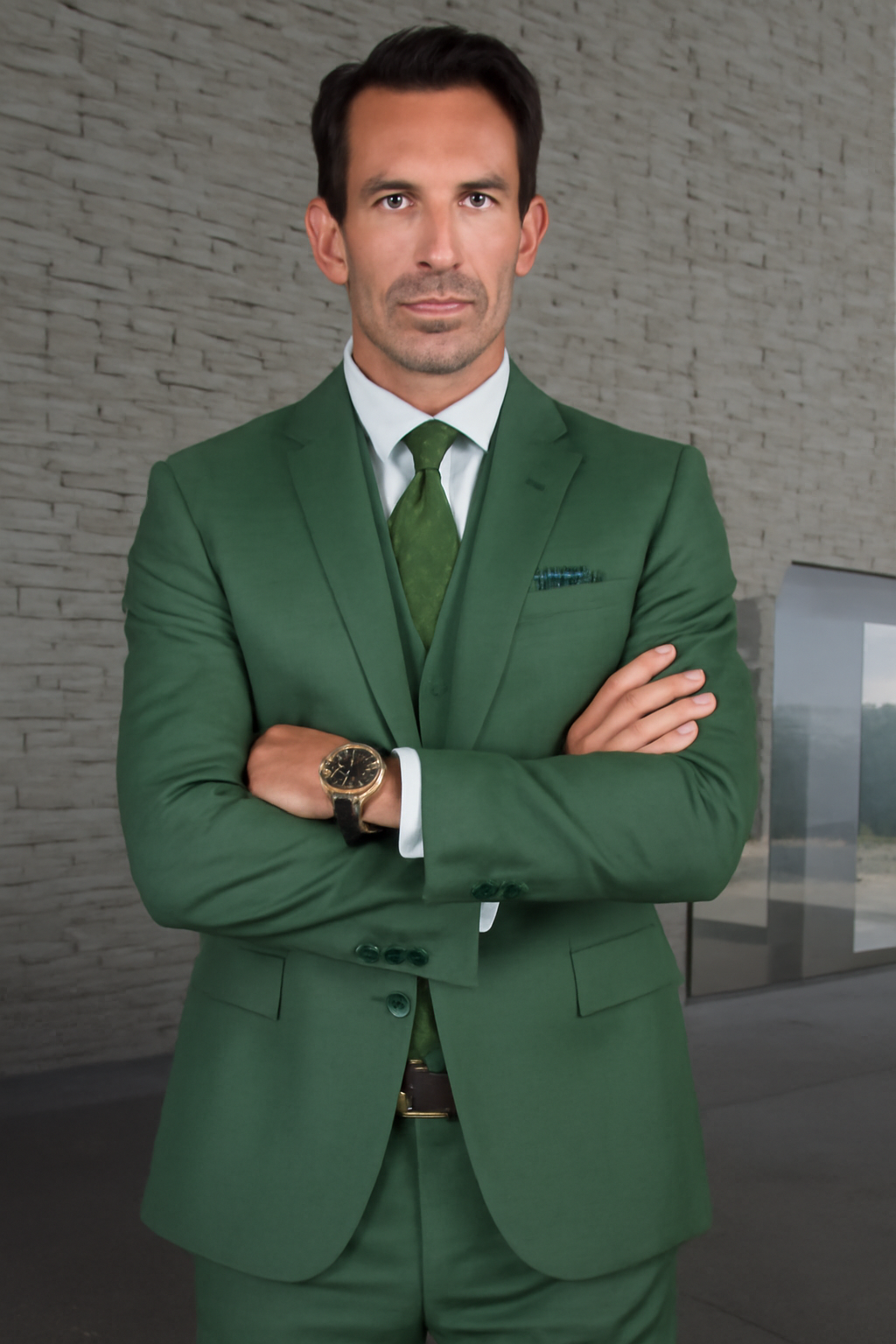 Mens 2 Button Slim Fit Vested Wool Suit in Forest Green