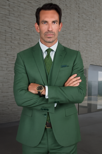 Mens 2 Button Slim Fit Vested Wool Suit in Forest Green