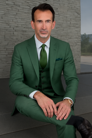 Mens 2 Button Slim Fit Vested Wool Suit in Forest Green