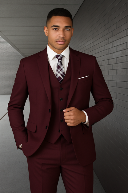 Mens 2 Button Slim Fit Wool Suit With Double Breasted Vest in Burgundy