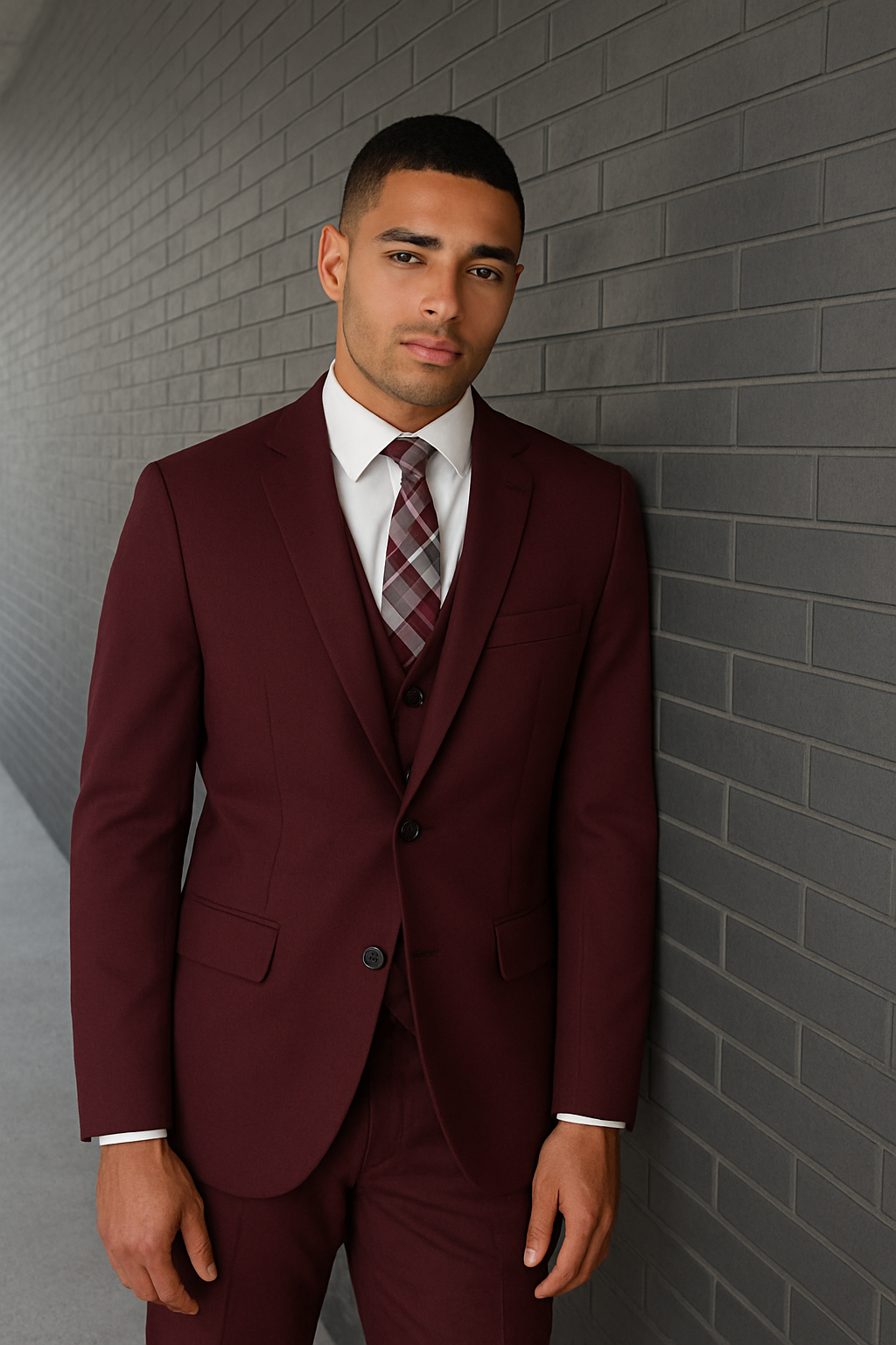Mens 2 Button Slim Fit Wool Suit With Double Breasted Vest in Burgundy
