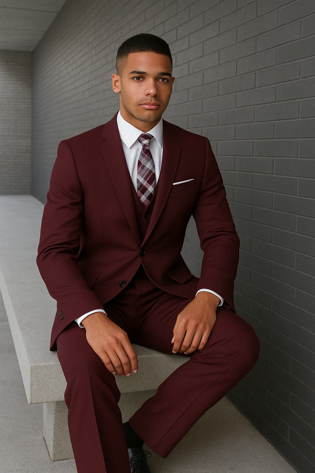 Mens 2 Button Slim Fit Wool Suit With Double Breasted Vest in Burgundy