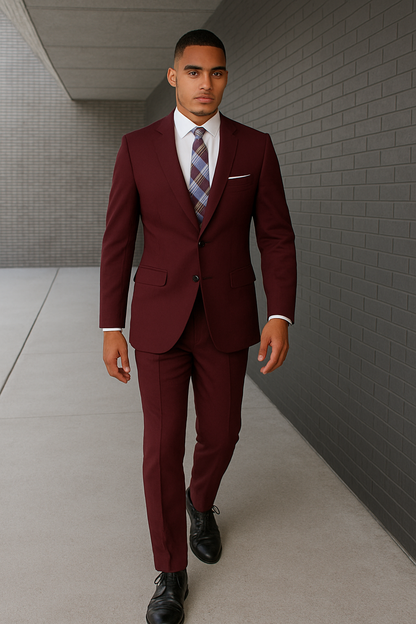 Mens 2 Button Slim Fit Wool Suit With Double Breasted Vest in Burgundy