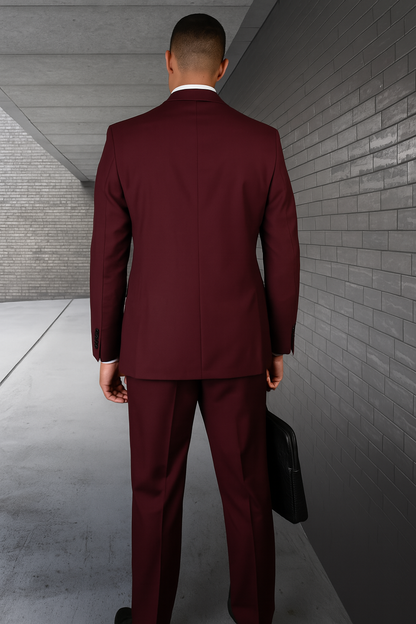 Mens 2 Button Slim Fit Wool Suit With Double Breasted Vest in Burgundy
