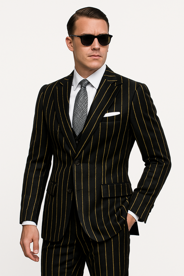 Mens 2 Button Vested 3 Piece Gangster Bold Pinstripe Suit in Burgundy