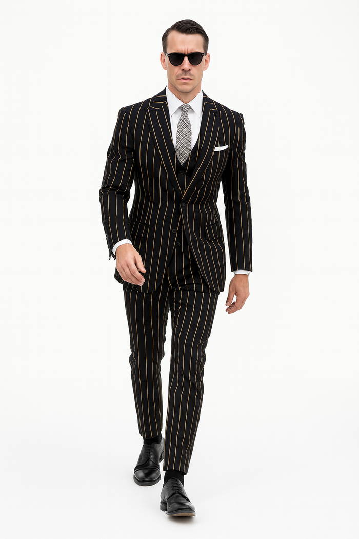 Mens 2 Button Vested 3 Piece Gangster Bold Pinstripe Suit in Burgundy