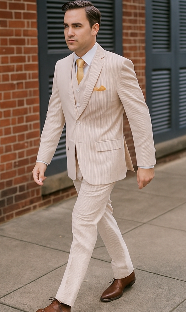 Mens 2 Button Vested Summer Seersucker Suit in Tan