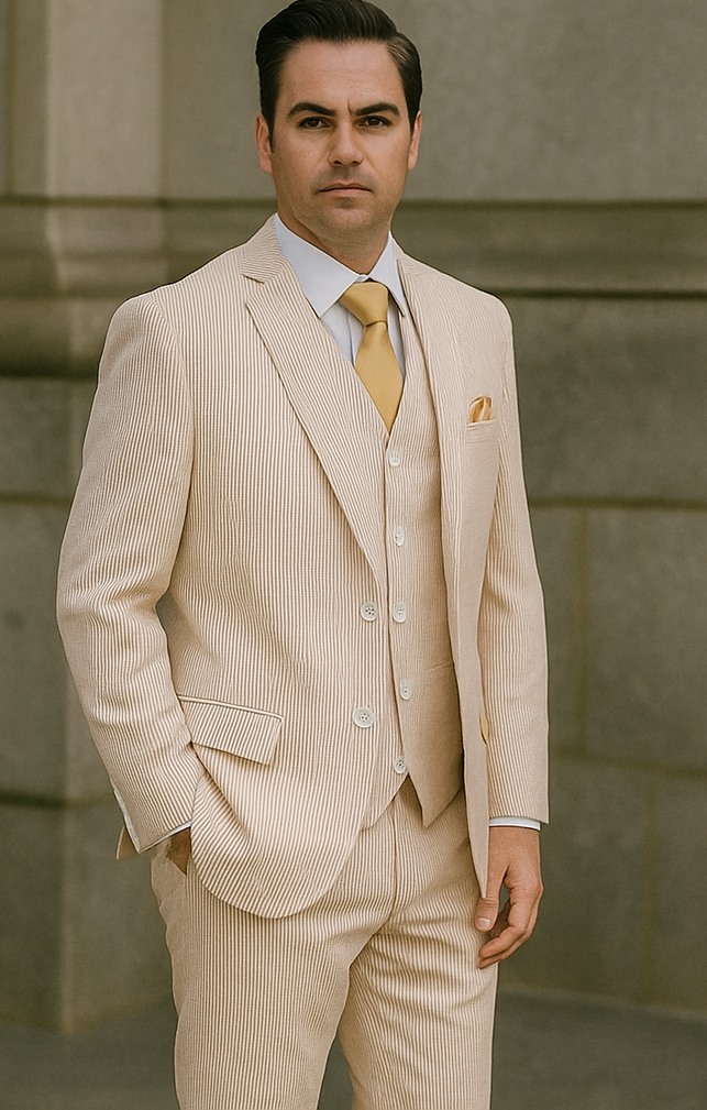 Mens 2 Button Vested Summer Seersucker Suit in Tan