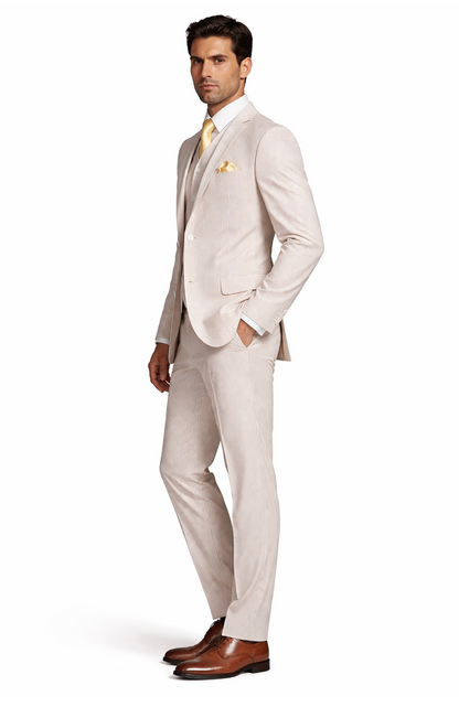 Mens 2 Button Jacket + Pants Summer Seersucker Suit in Tan