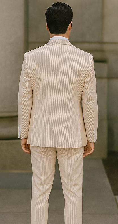 Mens 2 Button Vested Summer Seersucker Suit in Tan