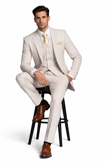Mens 2 Button Jacket + Pants Summer Seersucker Suit in Tan