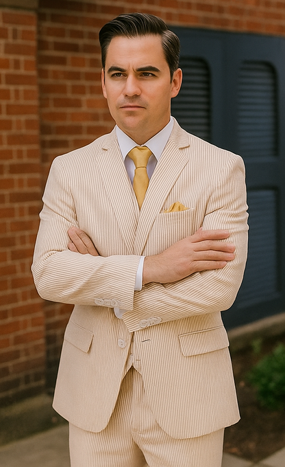 Mens 2 Button Vested Summer Seersucker Suit in Tan