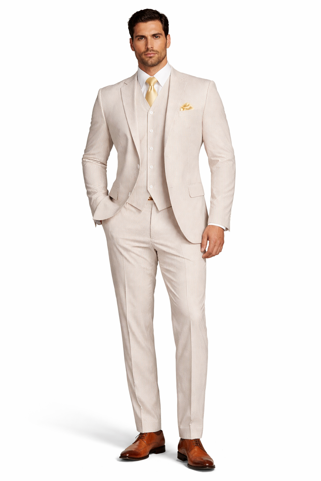 Mens 2 Button Jacket + Pants Summer Seersucker Suit in Tan