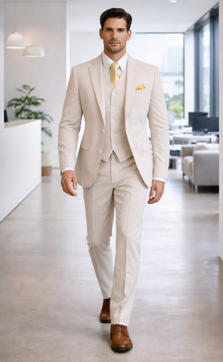 Mens 2 Button Jacket + Pants Summer Seersucker Suit in Tan
