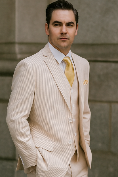 Mens 2 Button Vested Summer Seersucker Suit in Tan
