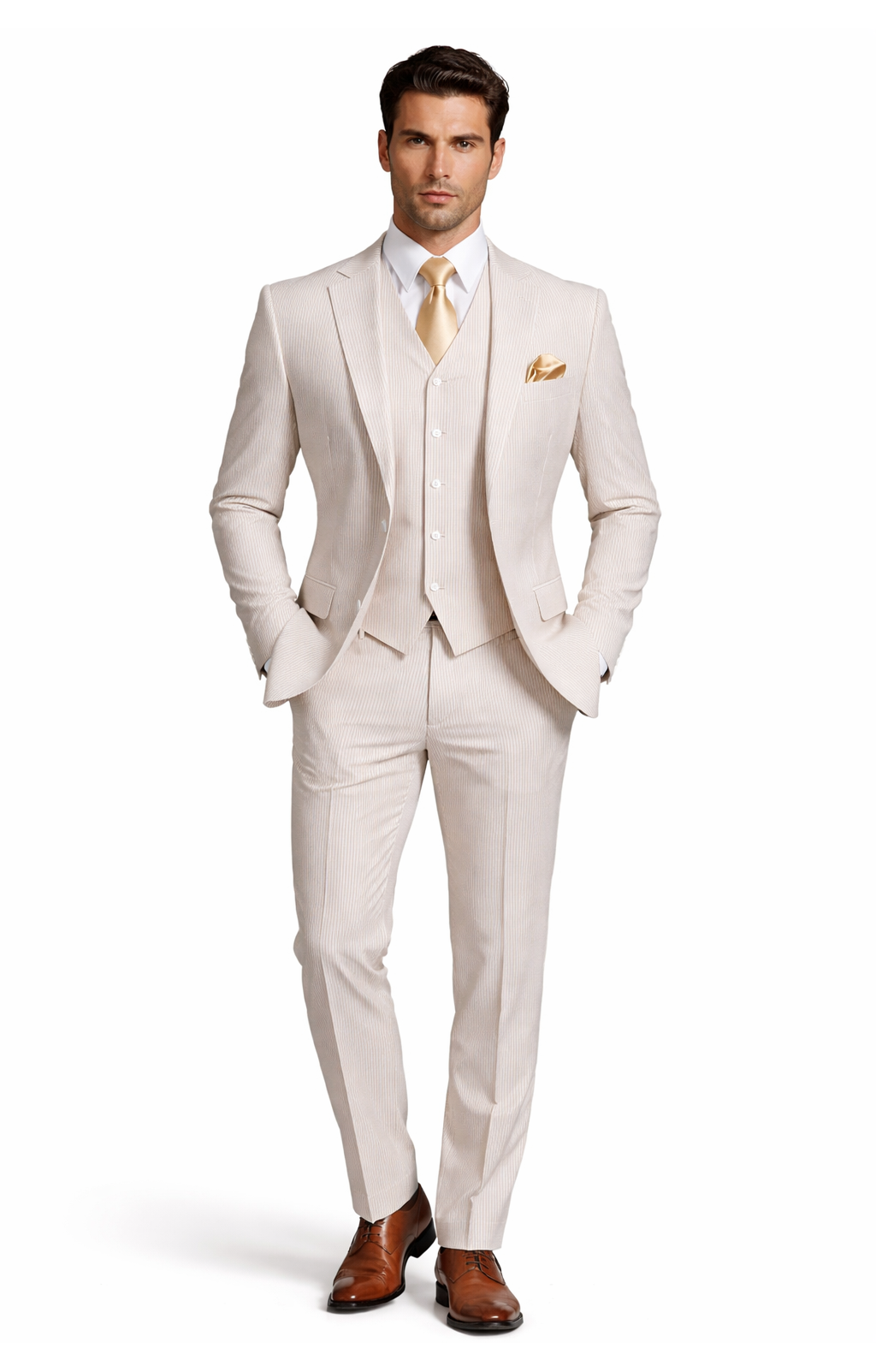 Mens 2 Button Jacket + Pants Summer Seersucker Suit in Tan