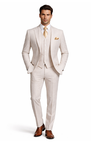 Mens 2 Button Jacket + Pants Summer Seersucker Suit in Tan